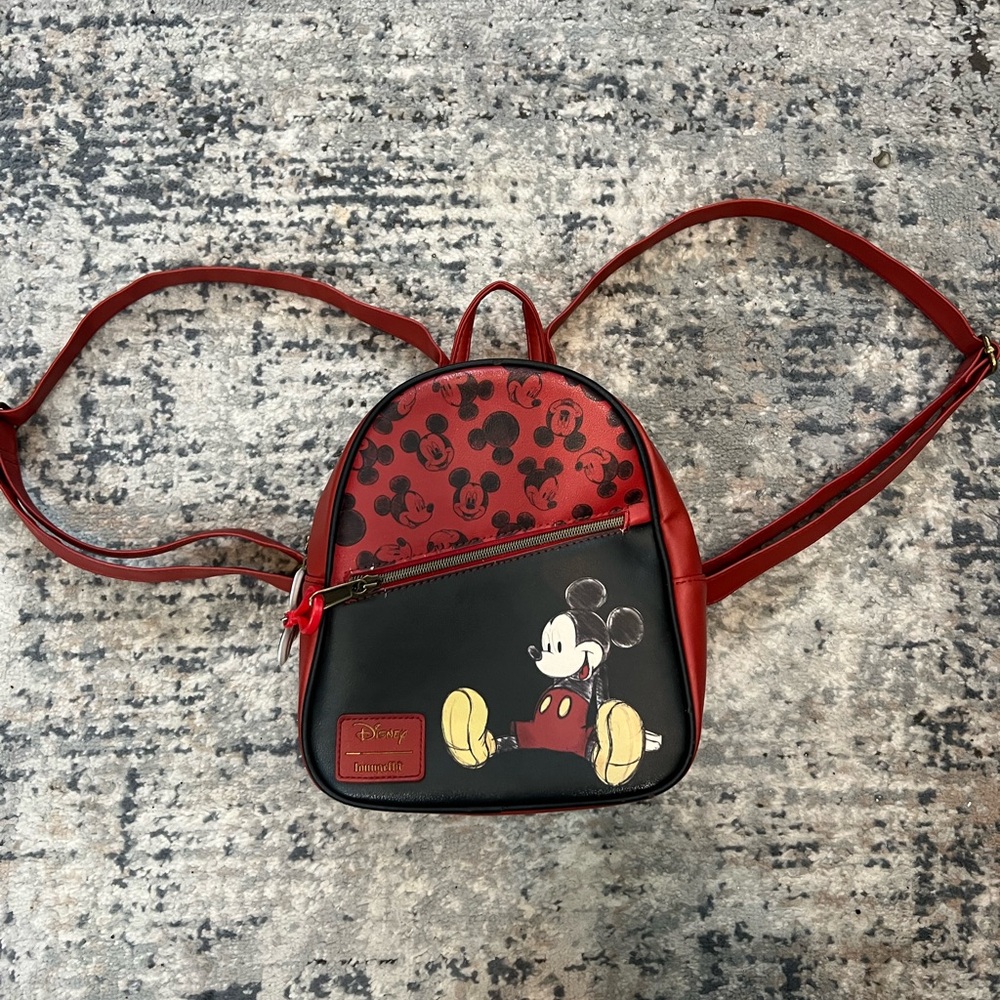 Disney Loungefly Mickey Mouse Mini Backpack Red Black Sketch Zip Faux Leather